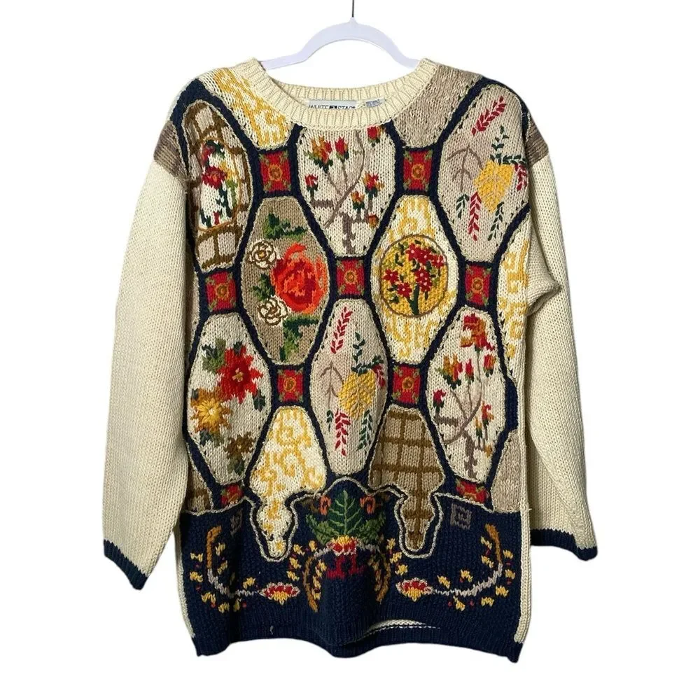 Vintage 1990's White Stag Fall Knit Patchwork Sweater Women's Size Small